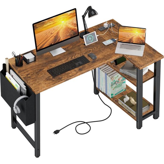 CONCETTA 49 Inch Modern L Shaped Computer Desk with Lower Storage Shelf & Side Bag, Two-Way Convertible Corner Gaming Table for Home Office