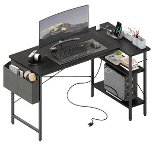 CONCETTA 39 inch Gaming Computer Desk with Power Outlet & LED Strip, Reversible Storage Shelves for Home Office