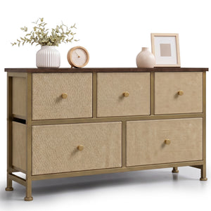 CONCETTA 5 Fabric Dresser with 5 Storage Drawers, TV Stand with Wooden Top Metal Frame for Clothes, Living Room, Hallway, Entryway