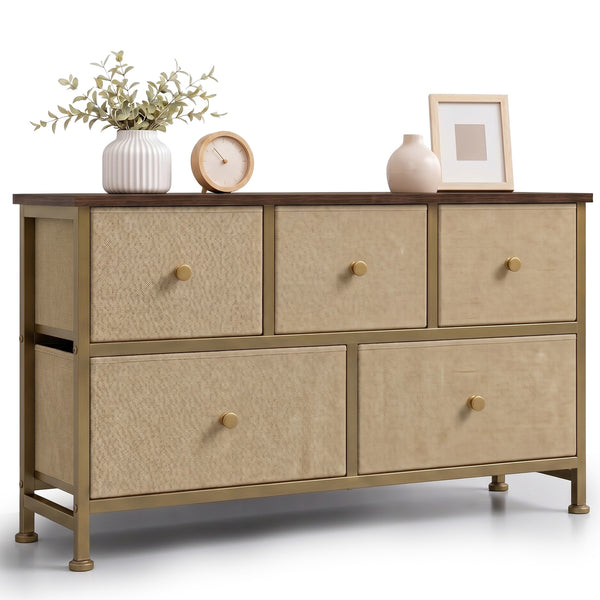 CONCETTA 5 Fabric Dresser with 5 Storage Drawers, TV Stand with Wooden Top Metal Frame for Clothes, Living Room, Hallway, Entryway