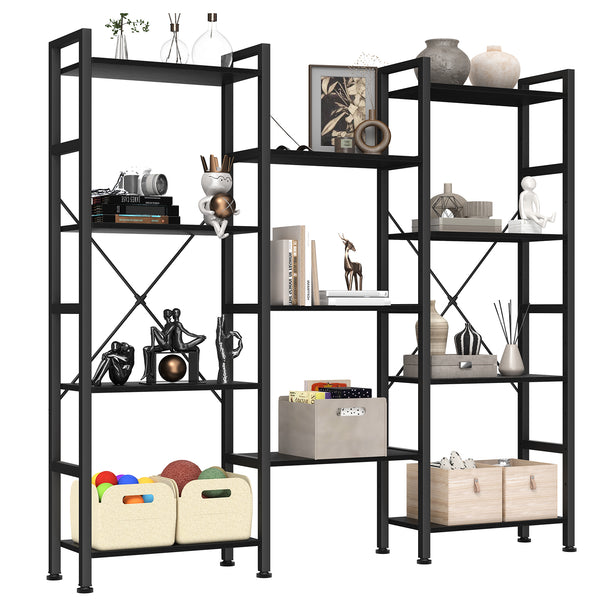 CONCETTA Triple 4-Tier Bookshelf with 11 Open Display Shelves, Adjustable Storage Bookcase for Home & Office, Sturdy Steel Frame and Wood Construction, Anti-Tip and Adjustable Feet