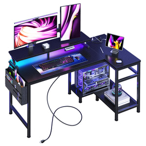 CONCETTA 40" L Shaped Gaming Desk with USB Charging, LED Lights, Power Outlets, Large Storage space, Monitor Stand, Black