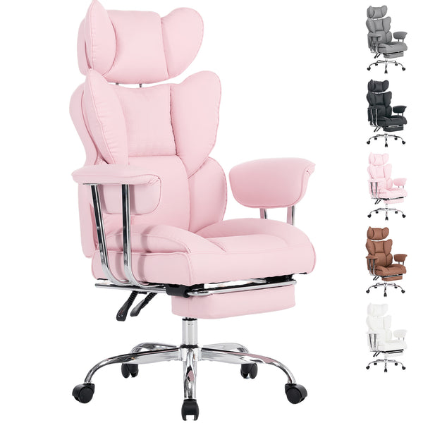CONCETTA Big and Tall Office Chair, Scratch-Resistant PU Leather Executive Desk Chair with Footrest, Spring Lumbar Support, Wide Reclining Seat, White