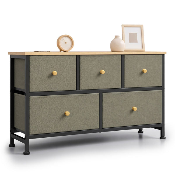 CONCETTA 5 Fabric Dresser with 5 Storage Drawers, TV Stand with Wooden Top Metal Frame for Clothes, Living Room, Hallway, Entryway
