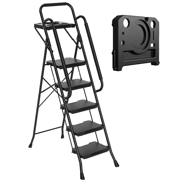 CONCETTA Iron Stepstool, Folding Stepstool with Non-Slip Pedals and Comfortable Handrails, Sturdy Steel Ladder Portable Heavy Duty Stepstool for Kitchen, Garage and Outdoor Use