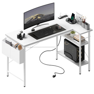 CONCETTA 39 inch Gaming Computer Desk with Power Outlet & LED Strip, Reversible Storage Shelves for Home Office