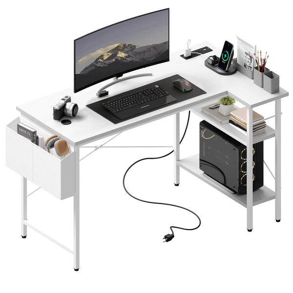 CONCETTA 39 inch Gaming Computer Desk with Power Outlet & LED Strip, Reversible Storage Shelves for Home Office