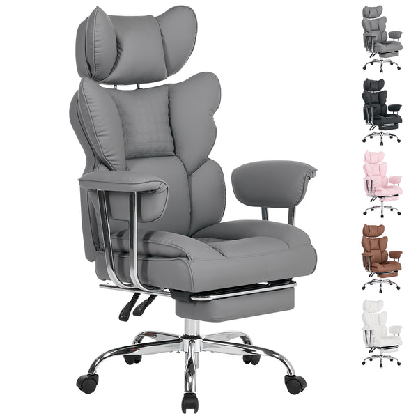 CONCETTA Big and Tall Office Chair, Scratch-Resistant PU Leather Executive Desk Chair with Footrest, Spring Lumbar Support, Wide Reclining Seat, White