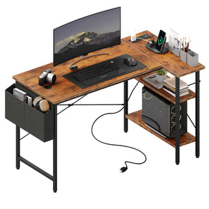 CONCETTA 39 inch Gaming Computer Desk with Power Outlet & LED Strip, Reversible Storage Shelves for Home Office