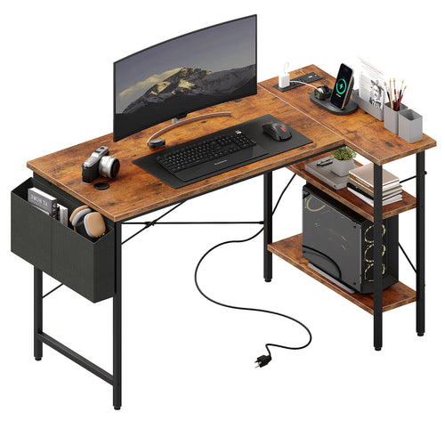 CONCETTA 39 inch Gaming Computer Desk with Power Outlet & LED Strip, Reversible Storage Shelves for Home Office