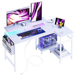 CONCETTA 40" L Shaped Gaming Desk with USB Charging, LED Lights, Power Outlets, Large Storage space, Monitor Stand, Black