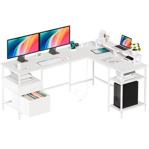 CONCETTA Modern L-Shaped Computer Desk with Power Outlet, Reversible Gaming Desk, Fabric Drawer & 2 Monitor Stands for Home Office, Rustic