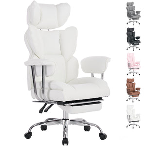 CONCETTA Big and Tall Office Chair, Scratch-Resistant PU Leather Executive Desk Chair with Footrest, Spring Lumbar Support, Wide Reclining Seat, White