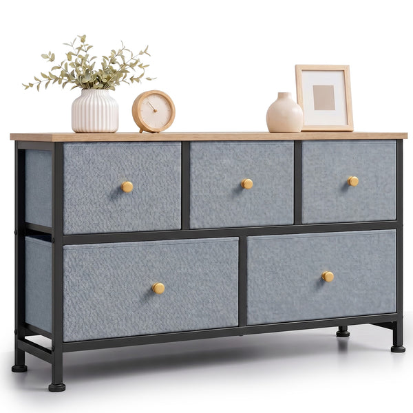 CONCETTA 5 Fabric Dresser with 5 Storage Drawers, TV Stand with Wooden Top Metal Frame for Clothes, Living Room, Hallway, Entryway