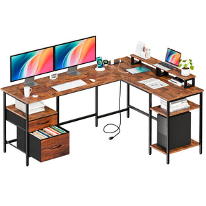 CONCETTA Modern L-Shaped Computer Desk with Power Outlet, Reversible Gaming Desk, Fabric Drawer & 2 Monitor Stands for Home Office, Rustic