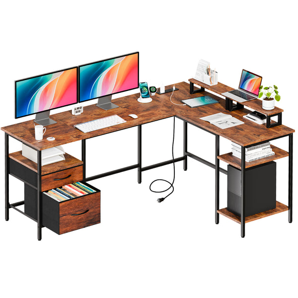 CONCETTA Modern L-Shaped Computer Desk with Power Outlet, Reversible Gaming Desk, Fabric Drawer & 2 Monitor Stands for Home Office, Rustic