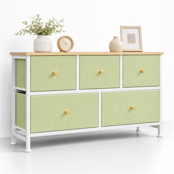 CONCETTA 5 Fabric Dresser with 5 Storage Drawers, TV Stand with Wooden Top Metal Frame for Clothes, Living Room, Hallway, Entryway