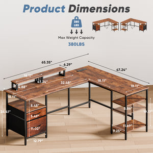 CONCETTA Modern L-Shaped Computer Desk with Power Outlet, Reversible Gaming Desk, Fabric Drawer & 2 Monitor Stands for Home Office, Rustic