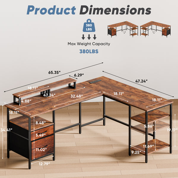 CONCETTA Modern L-Shaped Computer Desk with Power Outlet, Reversible Gaming Desk, Fabric Drawer & 2 Monitor Stands for Home Office, Rustic