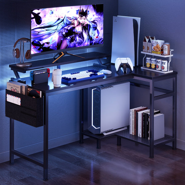 CONCETTA 40" L Shaped Gaming Desk with USB Charging, LED Lights, Power Outlets, Large Storage space, Monitor Stand, Black
