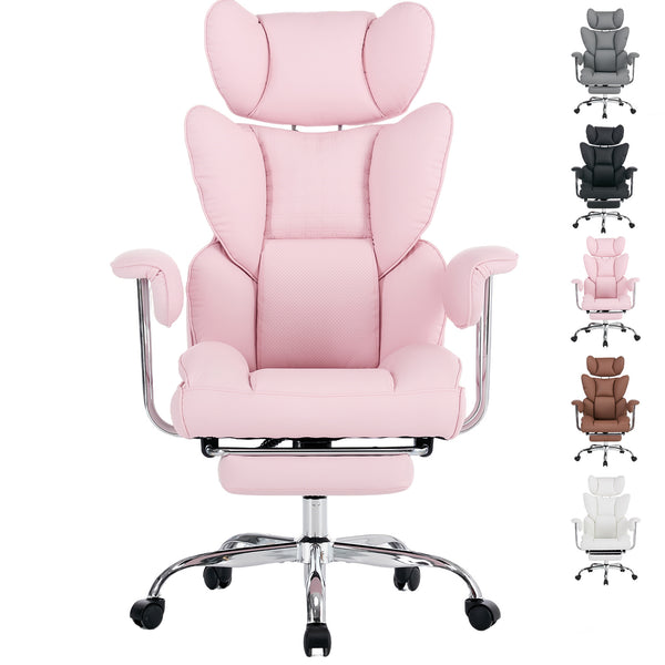 CONCETTA Big and Tall Office Chair, Scratch-Resistant PU Leather Executive Desk Chair with Footrest, Spring Lumbar Support, Wide Reclining Seat, White