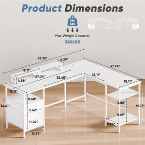 CONCETTA Modern L-Shaped Computer Desk with Power Outlet, Reversible Gaming Desk, Fabric Drawer & 2 Monitor Stands for Home Office, Rustic