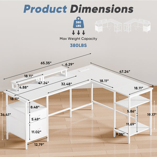 CONCETTA Modern L-Shaped Computer Desk with Power Outlet, Reversible Gaming Desk, Fabric Drawer & 2 Monitor Stands for Home Office, Rustic
