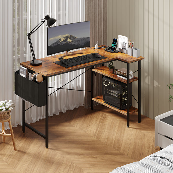 CONCETTA 39 inch Gaming Computer Desk with Power Outlet & LED Strip, Reversible Storage Shelves for Home Office
