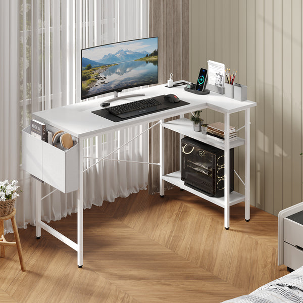 CONCETTA 39 inch Gaming Computer Desk with Power Outlet & LED Strip, Reversible Storage Shelves for Home Office