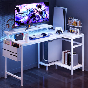 CONCETTA 40" L Shaped Gaming Desk with USB Charging, LED Lights, Power Outlets, Large Storage space, Monitor Stand, Black
