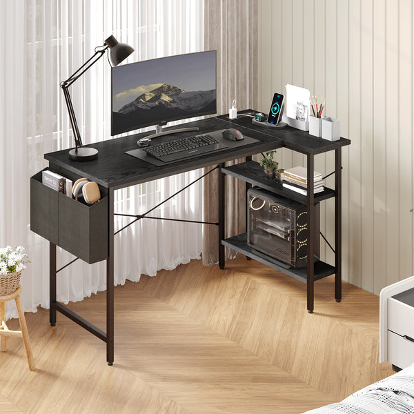 CONCETTA 39 inch Gaming Computer Desk with Power Outlet & LED Strip, Reversible Storage Shelves for Home Office