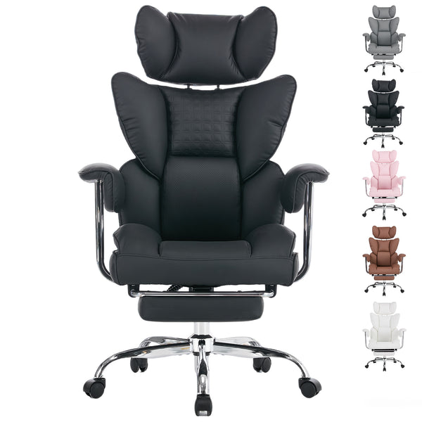 CONCETTA Big and Tall Office Chair, Scratch-Resistant PU Leather Executive Desk Chair with Footrest, Spring Lumbar Support, Wide Reclining Seat, White