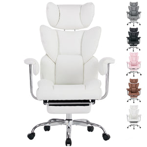 CONCETTA Big and Tall Office Chair, Scratch-Resistant PU Leather Executive Desk Chair with Footrest, Spring Lumbar Support, Wide Reclining Seat, White