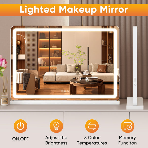 JOINSUN Makeup Mirror with Lights Tabletop, Aluminum Alloy Frame and USB Charging Support, White