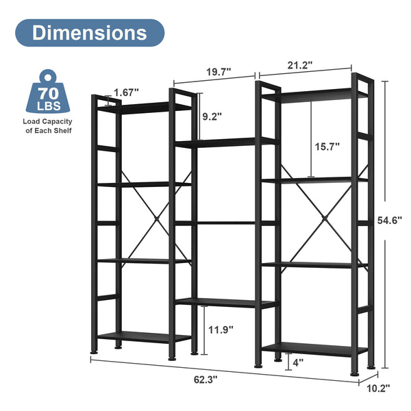 CONCETTA Triple 4-Tier Bookshelf with 11 Open Display Shelves, Adjustable Storage Bookcase for Home & Office, Sturdy Steel Frame and Wood Construction, Anti-Tip and Adjustable Feet