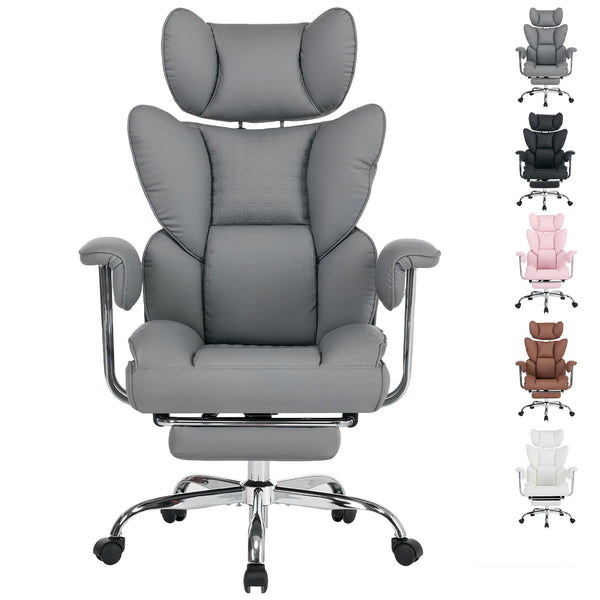 CONCETTA Big and Tall Office Chair, Scratch-Resistant PU Leather Executive Desk Chair with Footrest, Spring Lumbar Support, Wide Reclining Seat, White