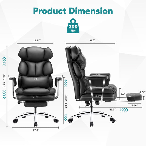 CONCETTA Executive Ergonomic Home Office Chair with Footrest & Lumbar Support, Big Tall High Back, PU Leather, Adjustable & Swivel,Black