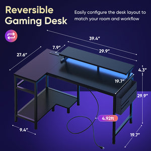 CONCETTA 40" L Shaped Gaming Desk with USB Charging, LED Lights, Power Outlets, Large Storage space, Monitor Stand, Black