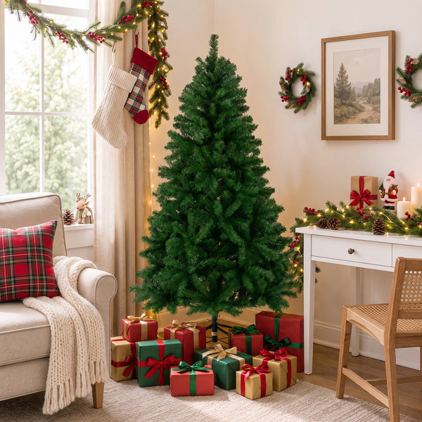 SHOUFTW Artificial Classic Pine Christmas Tree, Flame Retardant PVC Full Branch Tips with Metal Stand & Hinges, Unlit Holiday Decor Tree for Indoor Home Xmas Party Decoration