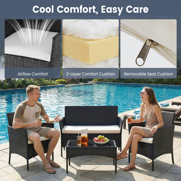 CONCETTA Patio Furniture Set, Wicker Outdoor PE Rattan Furniture with Coffee Table & Washable Cushion, Compact Bistro Conversation Seating for Balcony, Garden, Poolside, Porch