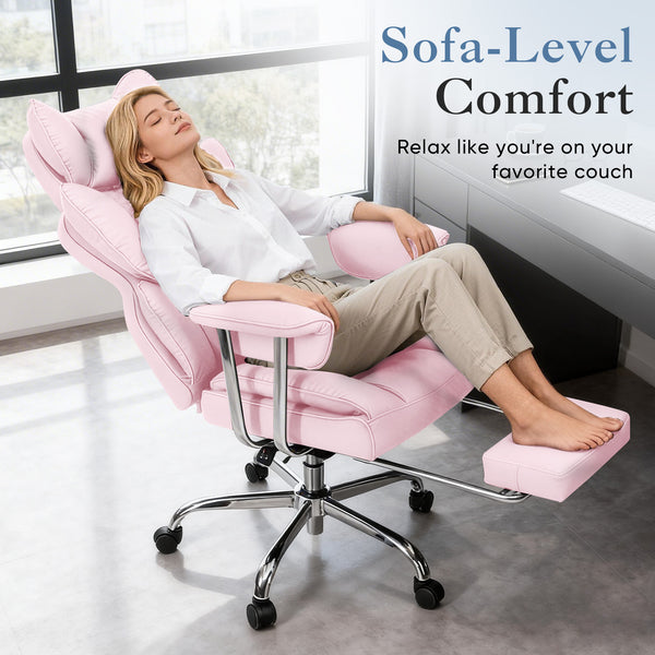 CONCETTA Big and Tall Office Chair, Scratch-Resistant PU Leather Executive Desk Chair with Footrest, Spring Lumbar Support, Wide Reclining Seat, White
