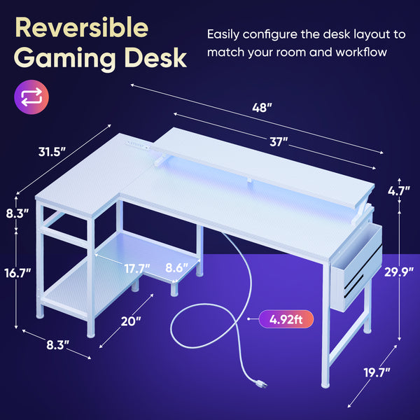 CONCETTA 40" L Shaped Gaming Desk with USB Charging, LED Lights, Power Outlets, Large Storage space, Monitor Stand, Black