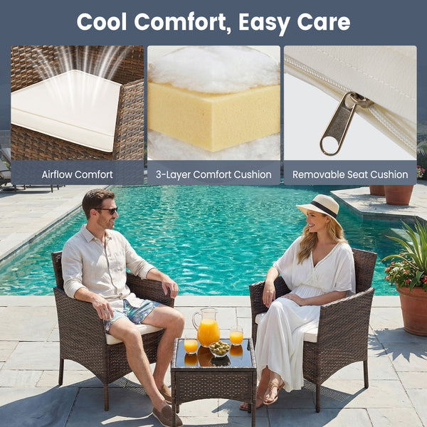 CONCETTA Patio Furniture Set, Wicker Outdoor PE Rattan Furniture with Coffee Table & Washable Cushion, Compact Bistro Conversation Seating for Balcony, Garden, Poolside, Porch