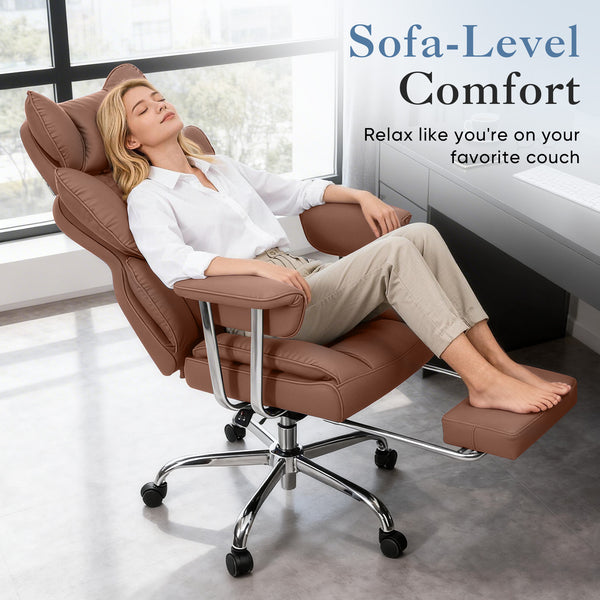 CONCETTA Big and Tall Office Chair, Scratch-Resistant PU Leather Executive Desk Chair with Footrest, Spring Lumbar Support, Wide Reclining Seat, White