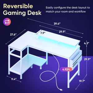 CONCETTA 40" L Shaped Gaming Desk with USB Charging, LED Lights, Power Outlets, Large Storage space, Monitor Stand, Black