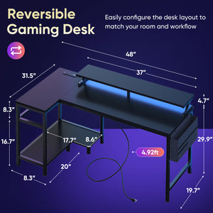 CONCETTA 40" L Shaped Gaming Desk with USB Charging, LED Lights, Power Outlets, Large Storage space, Monitor Stand, Black