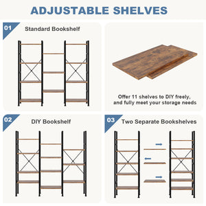 CONCETTA Triple 4-Tier Bookshelf with 11 Open Display Shelves, Adjustable Storage Bookcase for Home & Office, Sturdy Steel Frame and Wood Construction, Anti-Tip and Adjustable Feet
