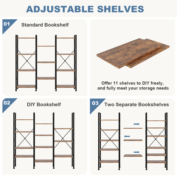 CONCETTA Triple 4-Tier Bookshelf with 11 Open Display Shelves, Adjustable Storage Bookcase for Home & Office, Sturdy Steel Frame and Wood Construction, Anti-Tip and Adjustable Feet