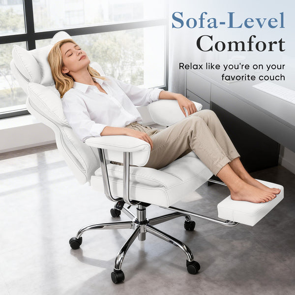 CONCETTA Big and Tall Office Chair, Scratch-Resistant PU Leather Executive Desk Chair with Footrest, Spring Lumbar Support, Wide Reclining Seat, White