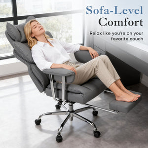 CONCETTA Big and Tall Office Chair, Scratch-Resistant PU Leather Executive Desk Chair with Footrest, Spring Lumbar Support, Wide Reclining Seat, White
